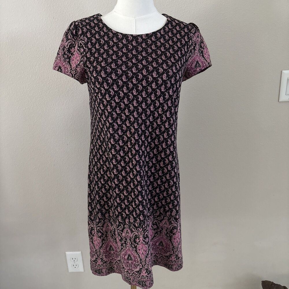 Maeve Anthropologie Dress SP Petite Pink Black Paisley Border Print Shift
